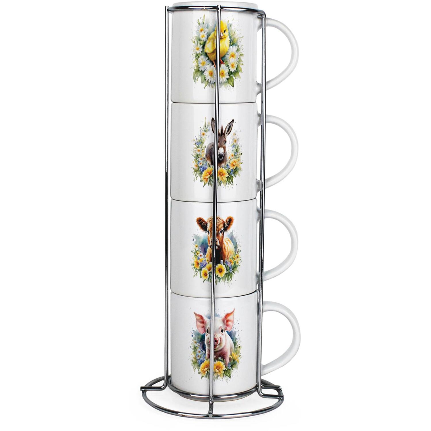 B&Q - Farm Animals Stacking Mugs SetPresents For Animal LoversSet Of 4 Ceramic Mugs Gift Set With Metal Stand - Image 2