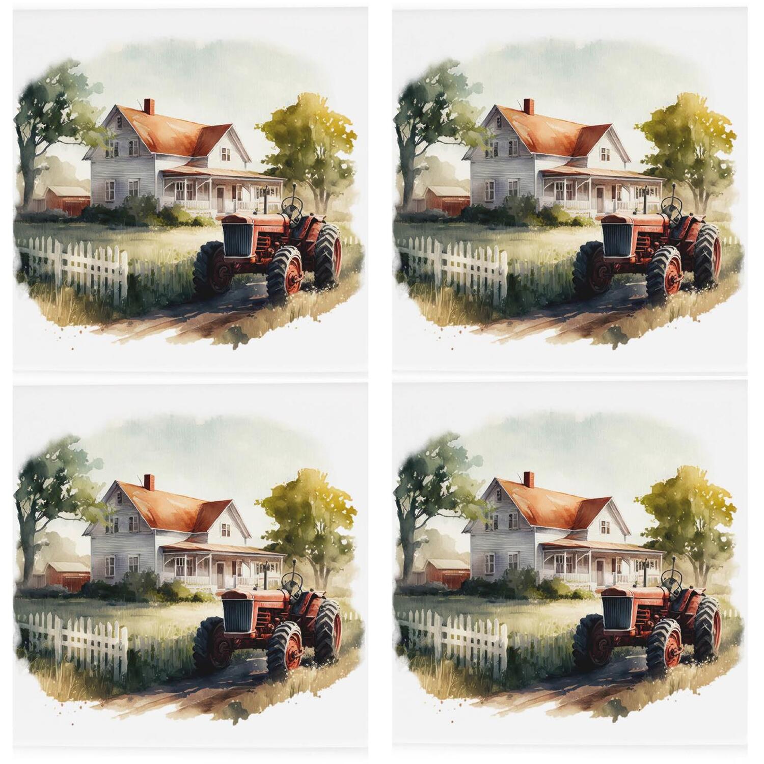 Purely Home Farmhouse Ceramic Coaster Set - Countryside Themed Set Of 4 Square Coasters - Multi