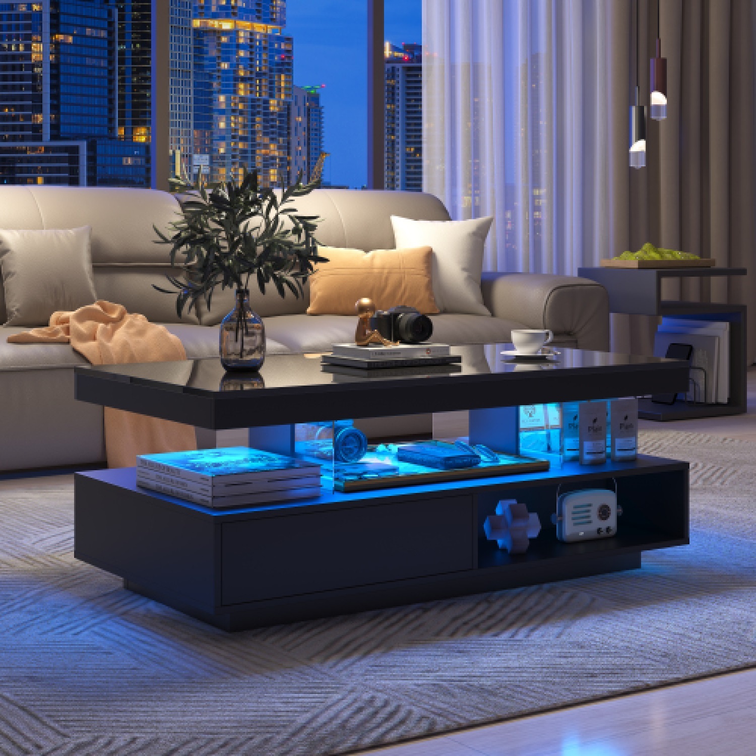 Aka High Gloss Black Coffee Table With Marble Pattern Top And Led Lights - Black