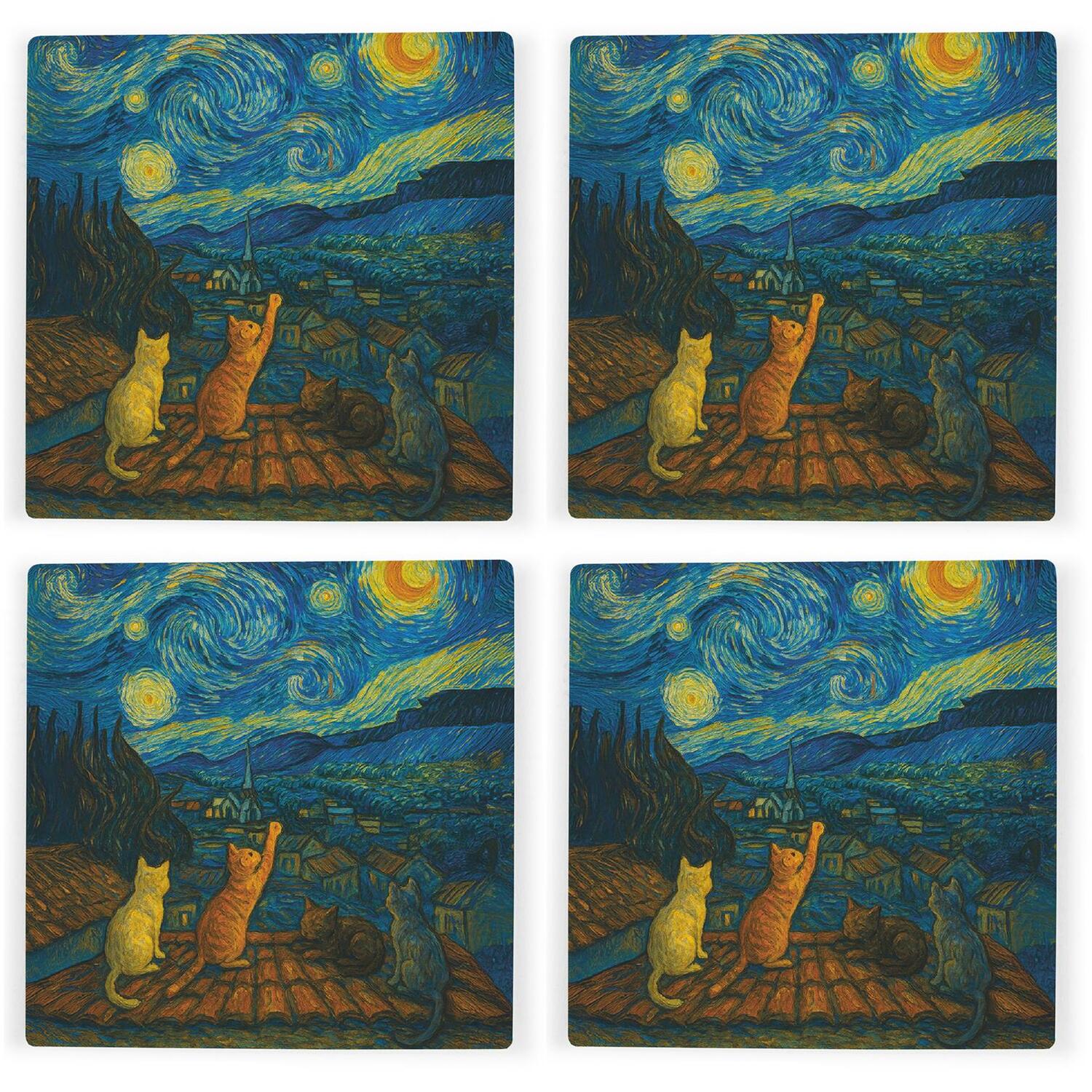 Purely Home Van Gogh Starry Night Cats - Set Of 4 Square Ceramic Coasters - Black - Image 3
