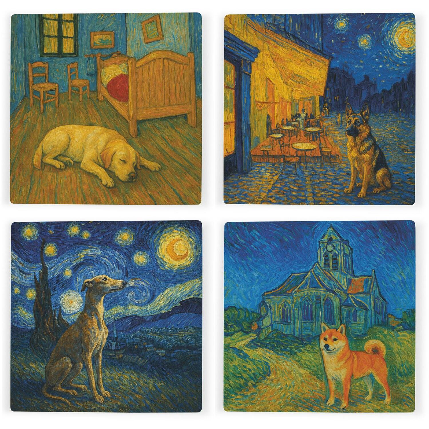 Purely Home Van Gogh Dogs - Starry Night - Set Of 4 Square Ceramic Coasters - Multi - Image 1