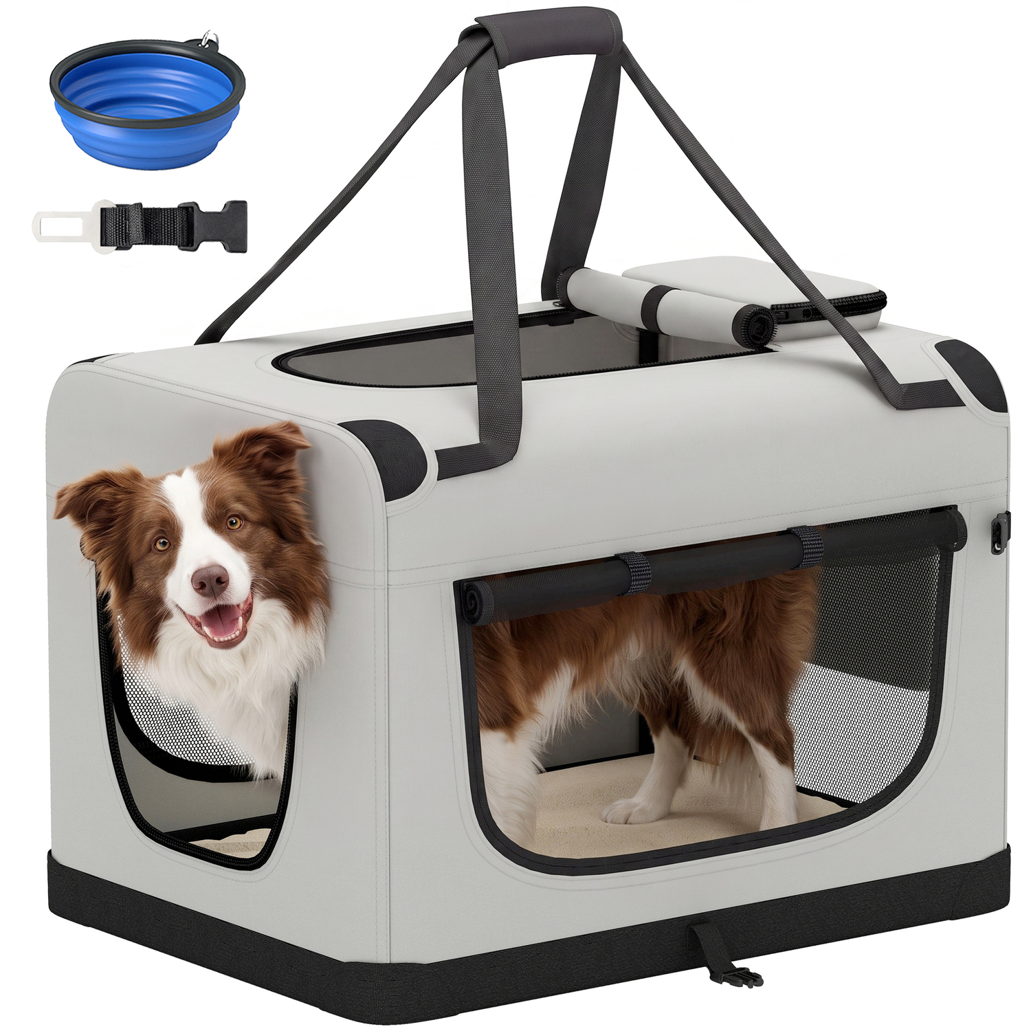 Pawhut Light Grey Pet Carrier Bag, Soft-Sided Dog Carrier With Security Buckle Strap, Washable Cushion And Folded Bowl, - Image 4