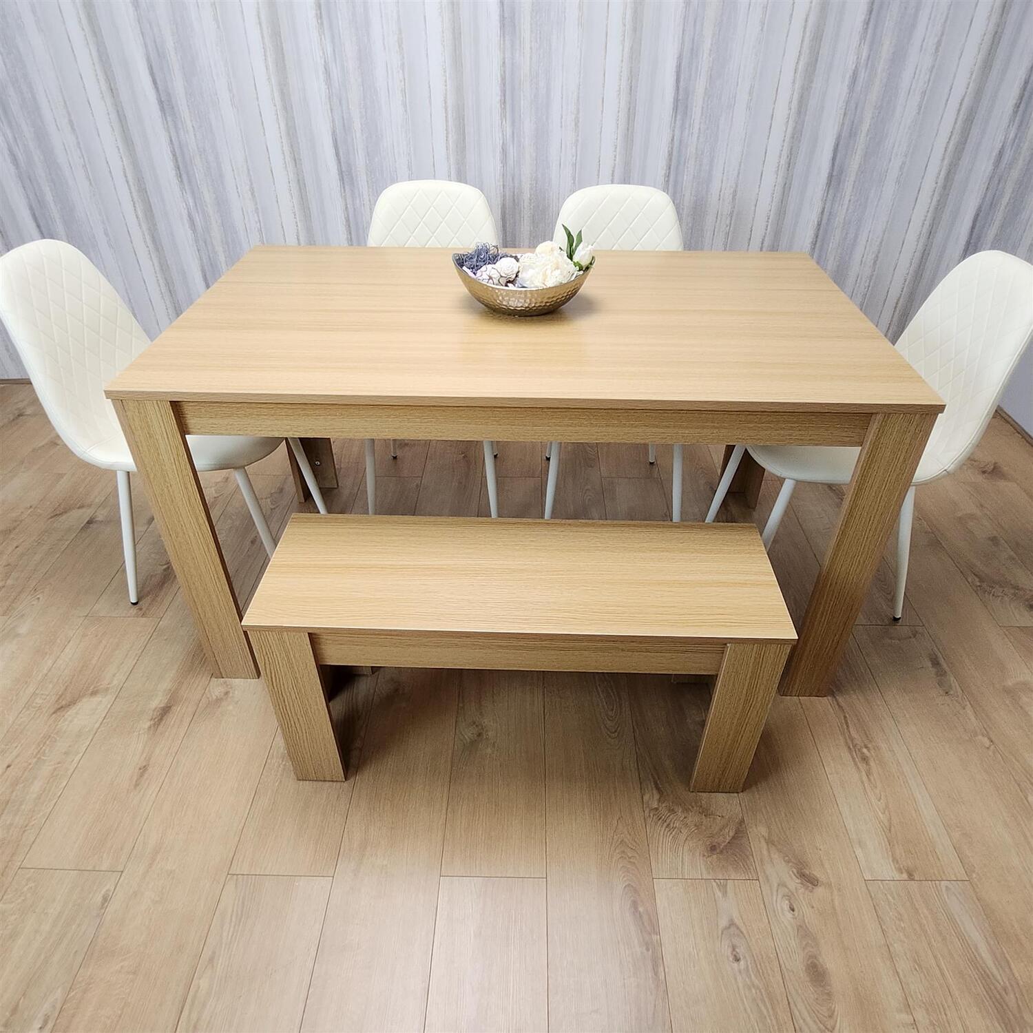 Kosy Koala 6 Seater Modern Light Wood Dining Table Set With 4 Cream Plastic Chairs And Bench - Brown