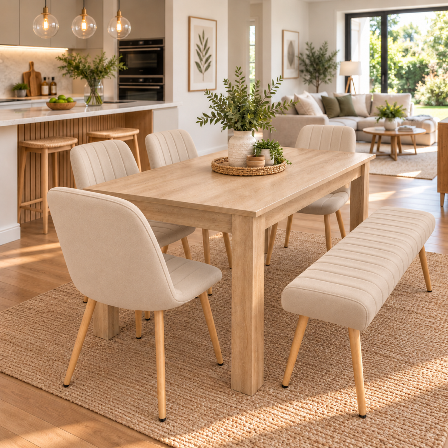 Kosy Koala Dining Table Set With 4 Beige Velvet Chairs & Bench, Rectangular Light Wood-Effect, 140Cm - Brown