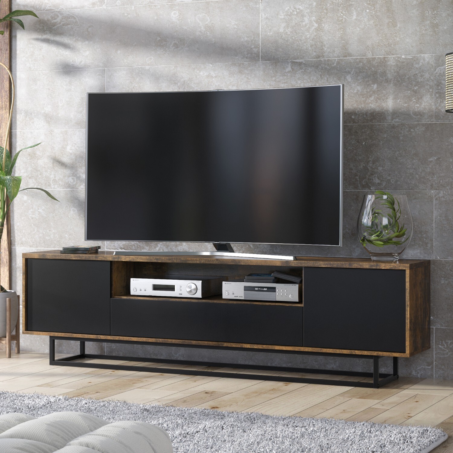 Mex Furniture Ltd Rift Tv Unit - Rustic Brown With Black Doors