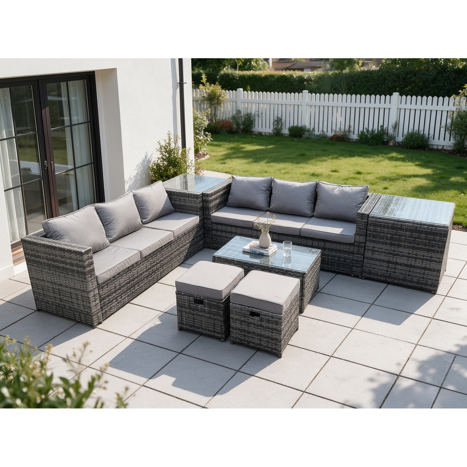Rackhams Dark/Grey Rattan Garden Furniture Dining Set 8 Seater Patio Coffee Table Sofa Set With Side Table 2 Small Footstools Mixed - Image 2