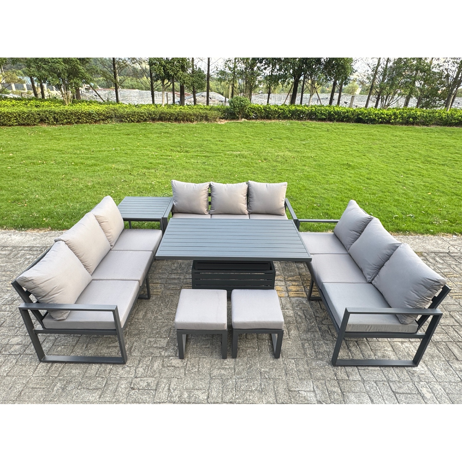 Rackhams Dark/Grey 11 Seater Aluminium Garden Furniture Set With Adjustable Rising Dining Table, Side Table, 2 Footstools - Image 2