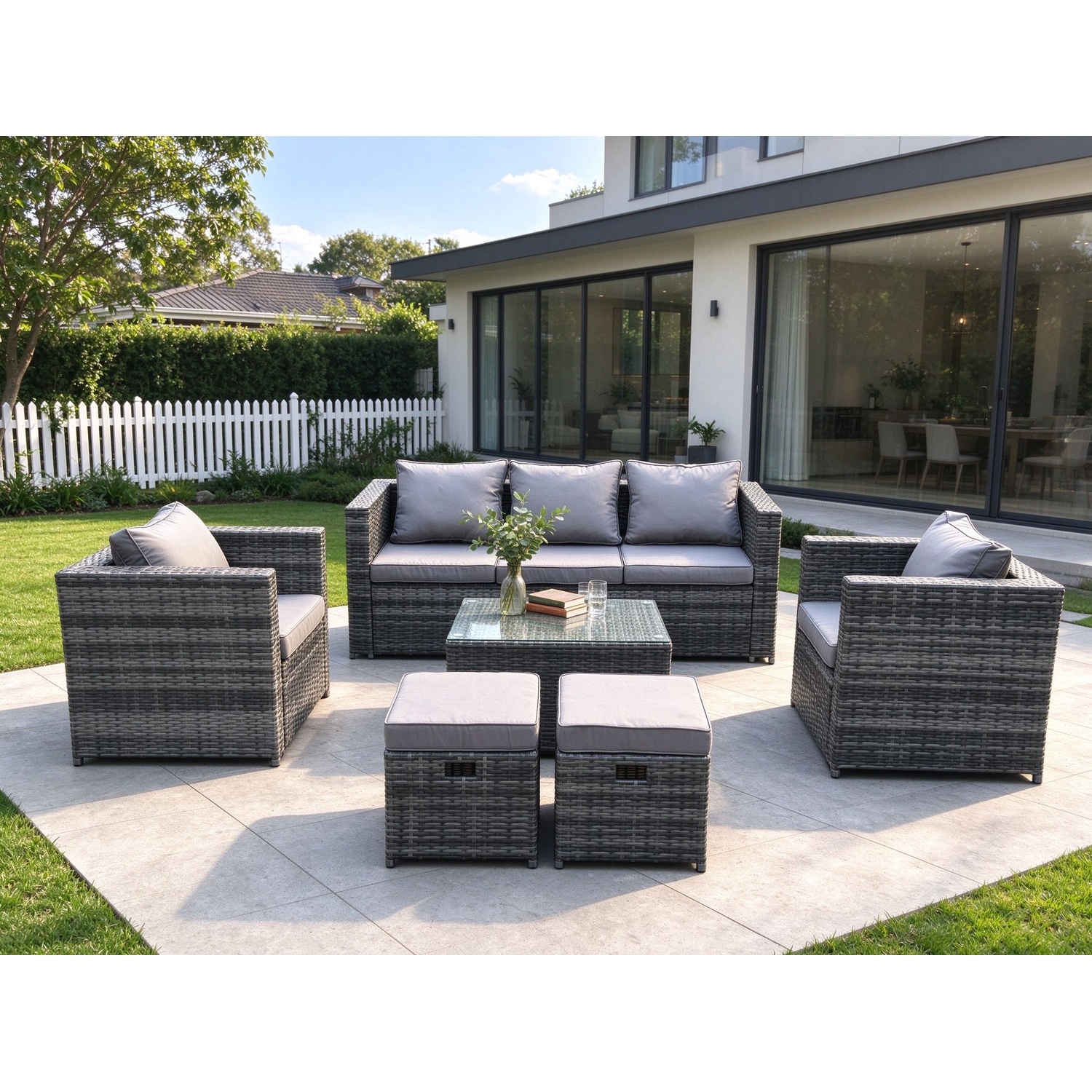 Fimous Rattan Sofa Set With Armchair, Coffee Table & 2 Footstools - Dark Grey - Image 1