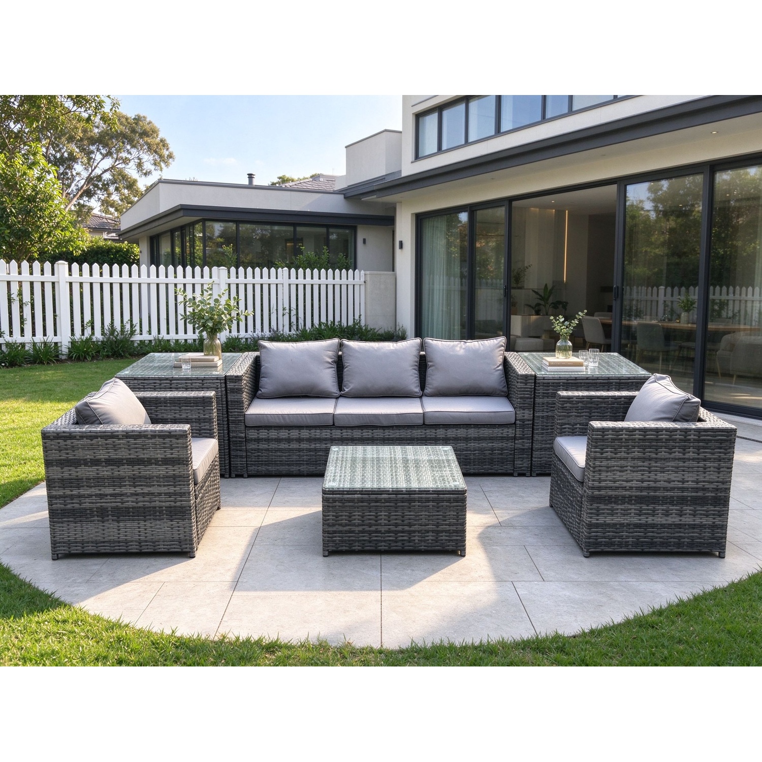 Rackhams Dark/Grey Wicker 6 Pieces Rattan Garden Furniture Sofa Set With Armchair 2 Side Tables Square Coffee Table Mixed - Image 2
