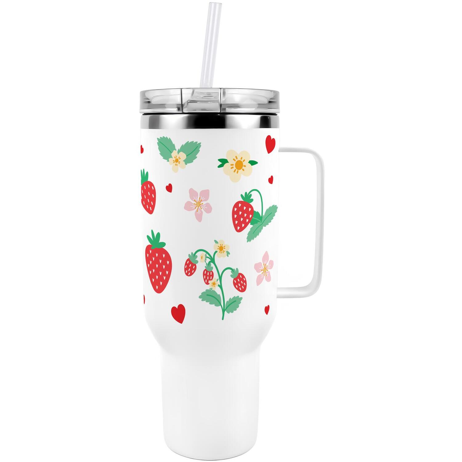 40oz Stainless Steel XL Travel Cup with Straw and Lid - Strawberry Flowers - Image 2