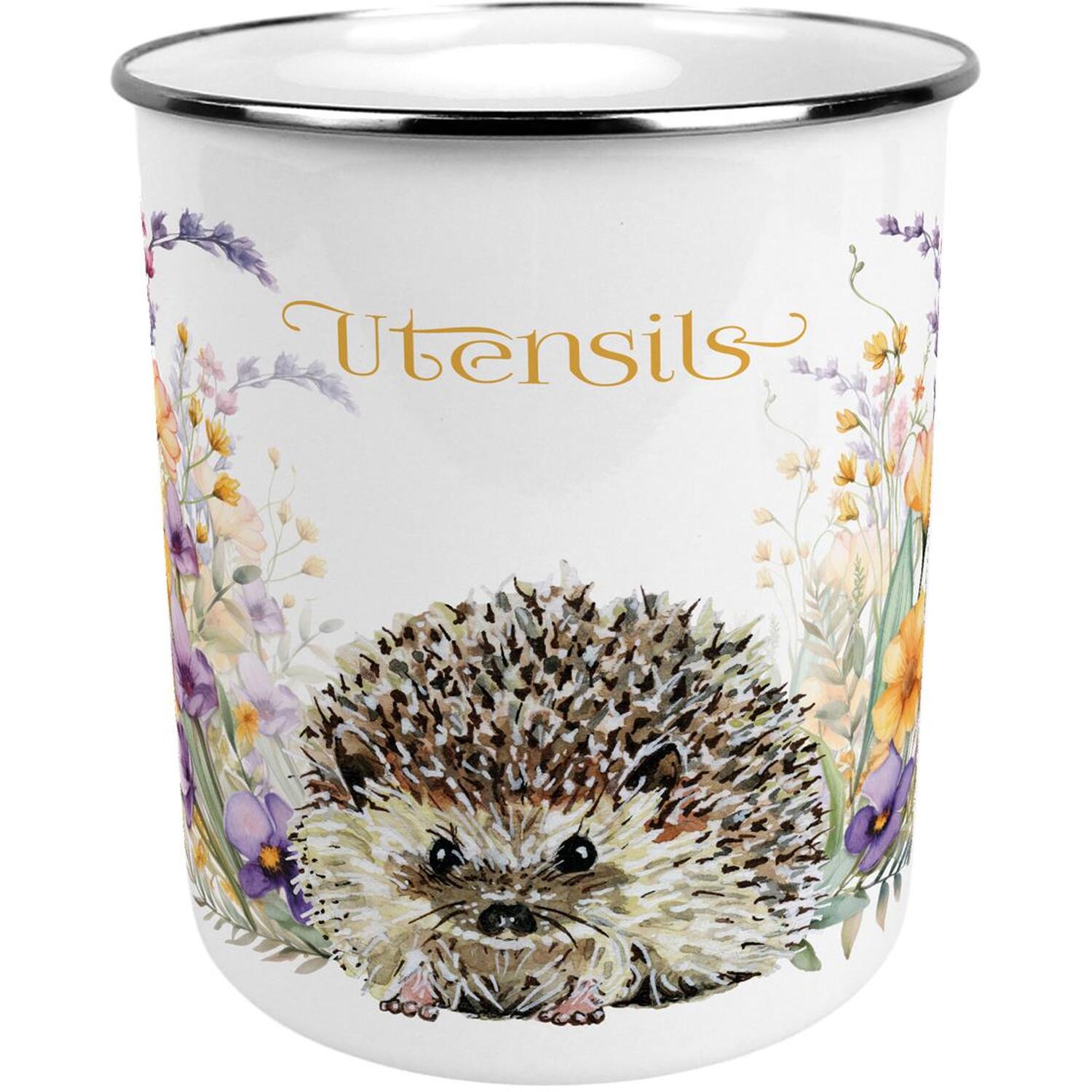 Purely Home Hedgehog & Wildflowers Large Metal Utensil Pot - Stylish Wildlife & Floral Tin Kitchen Utensil Holder/Organiser for Countertop - 15cm(h) x 14cm(dia.) - Image 3