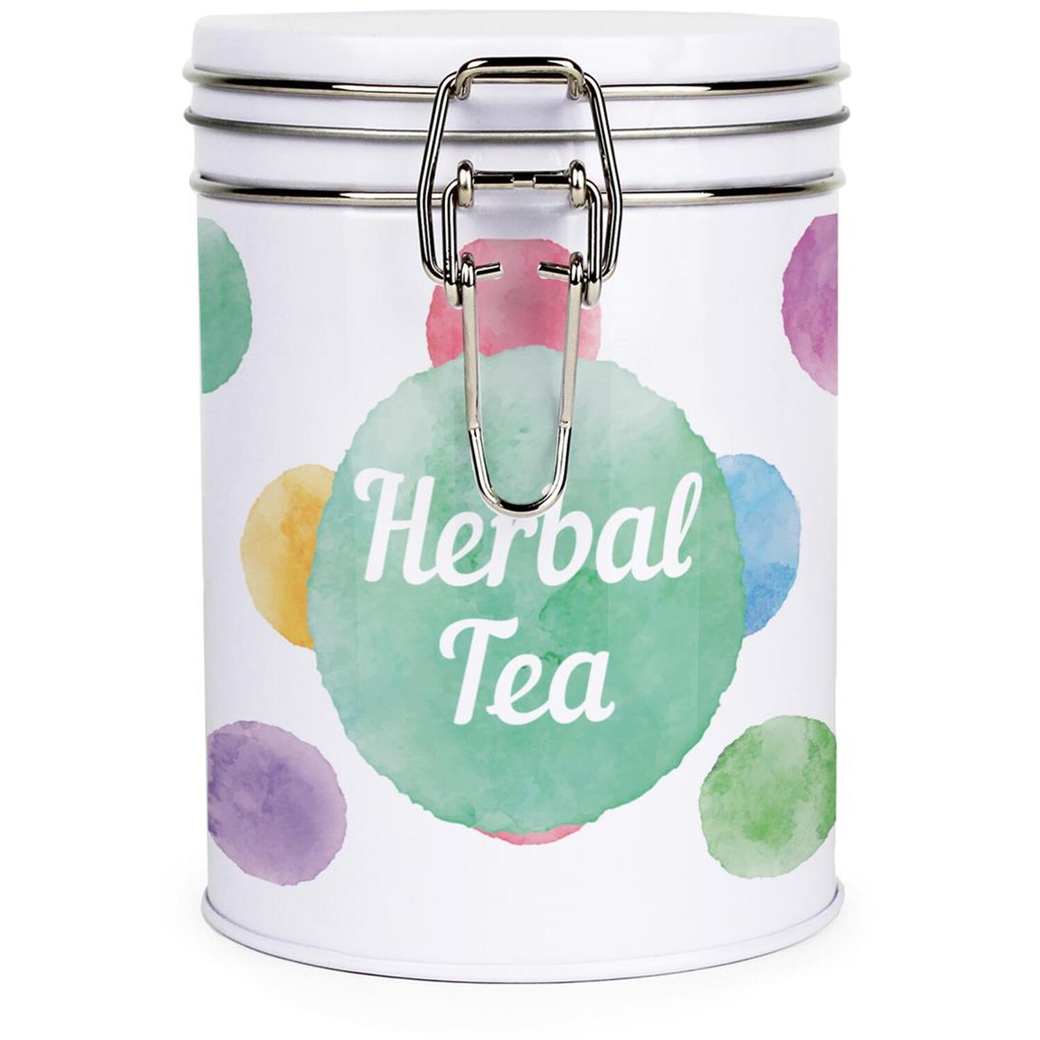Polka Dot Herbal Tea Canister - Multicolour Metal Clip-Lid Kitchen Storage Gift - Image 2