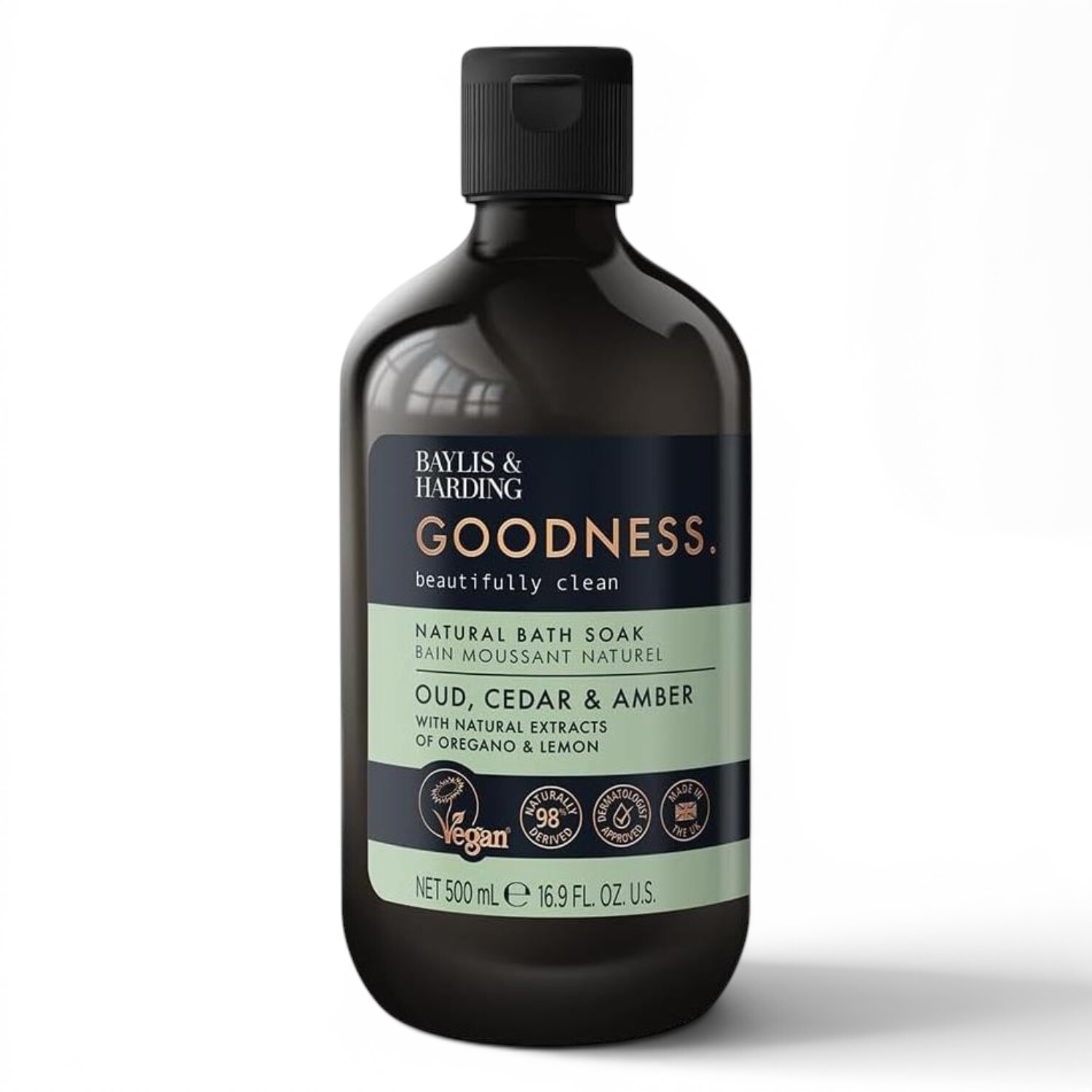 Baylis & Harding Goodness Natural Bath Soak 500ml 3 pack | Oud, Cedar & Amber, 98% Naturally Derived, Dermatologist Approved, Vegan Friendly, Made in UK - Image 8