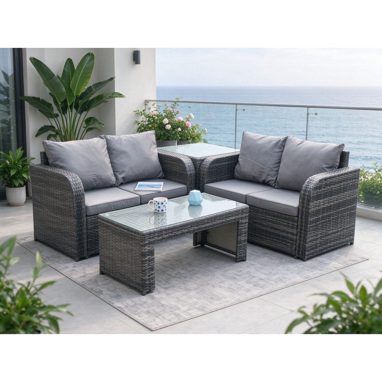 Fimous Unisex Dark Grey High Back Rattan Garden Furniture Set With Loveseat Sofa Coffee Table Indoor Outdoor Patio Lounge Sofa Set In Size 1 - Image 2