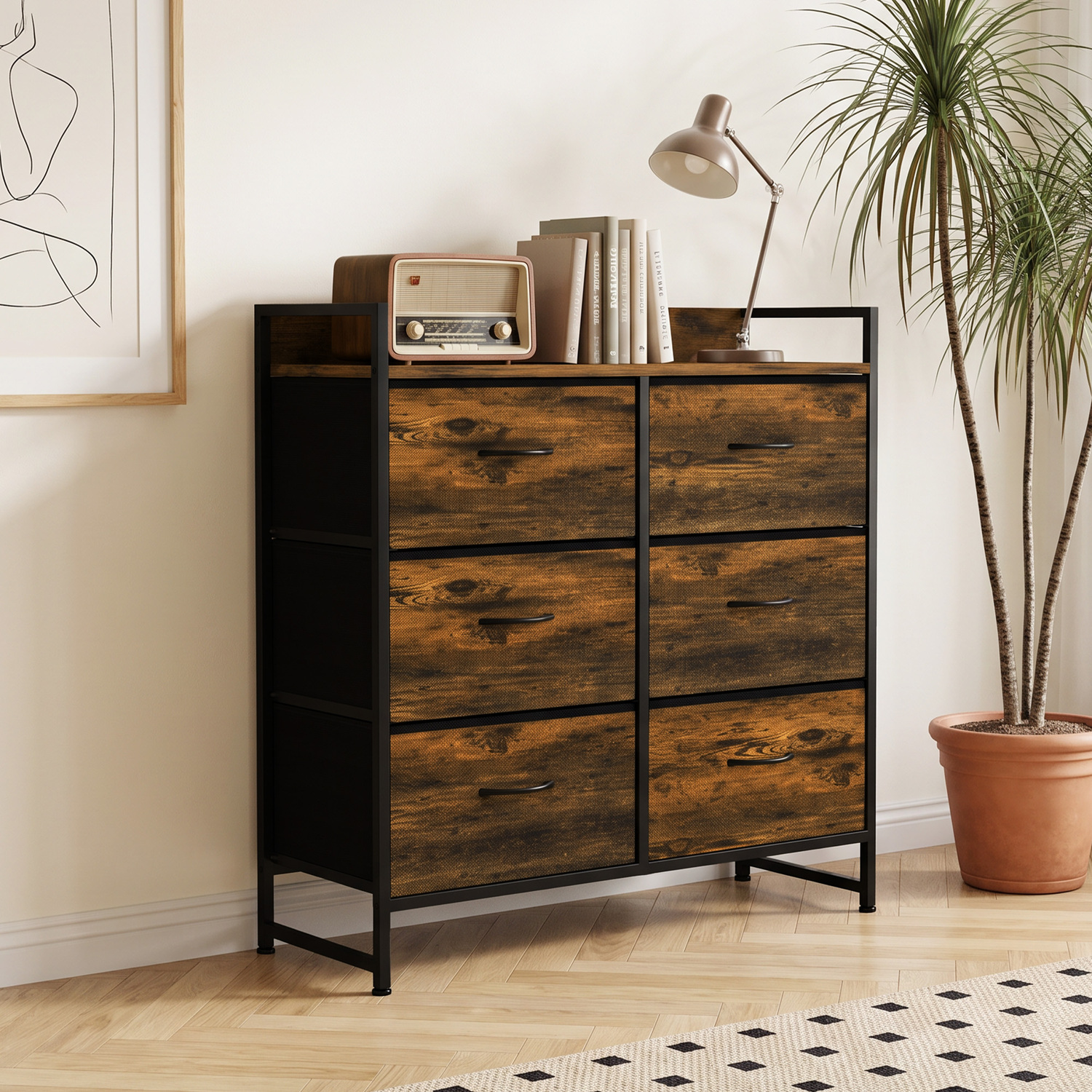 Homcom Rustic Brown Rustic Chest Of Six Fabric Drawers - Image 4