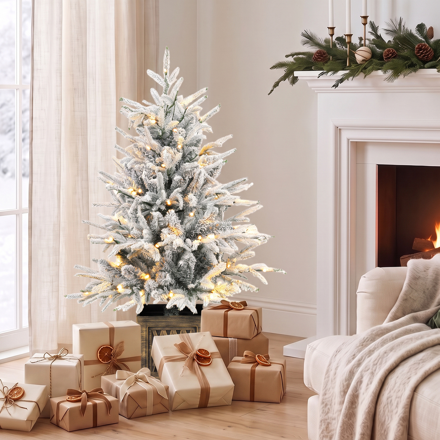 Homcom 90 Cm Prelit Flocked Table Christmas Tree, Base Stand, Green White - Image 4