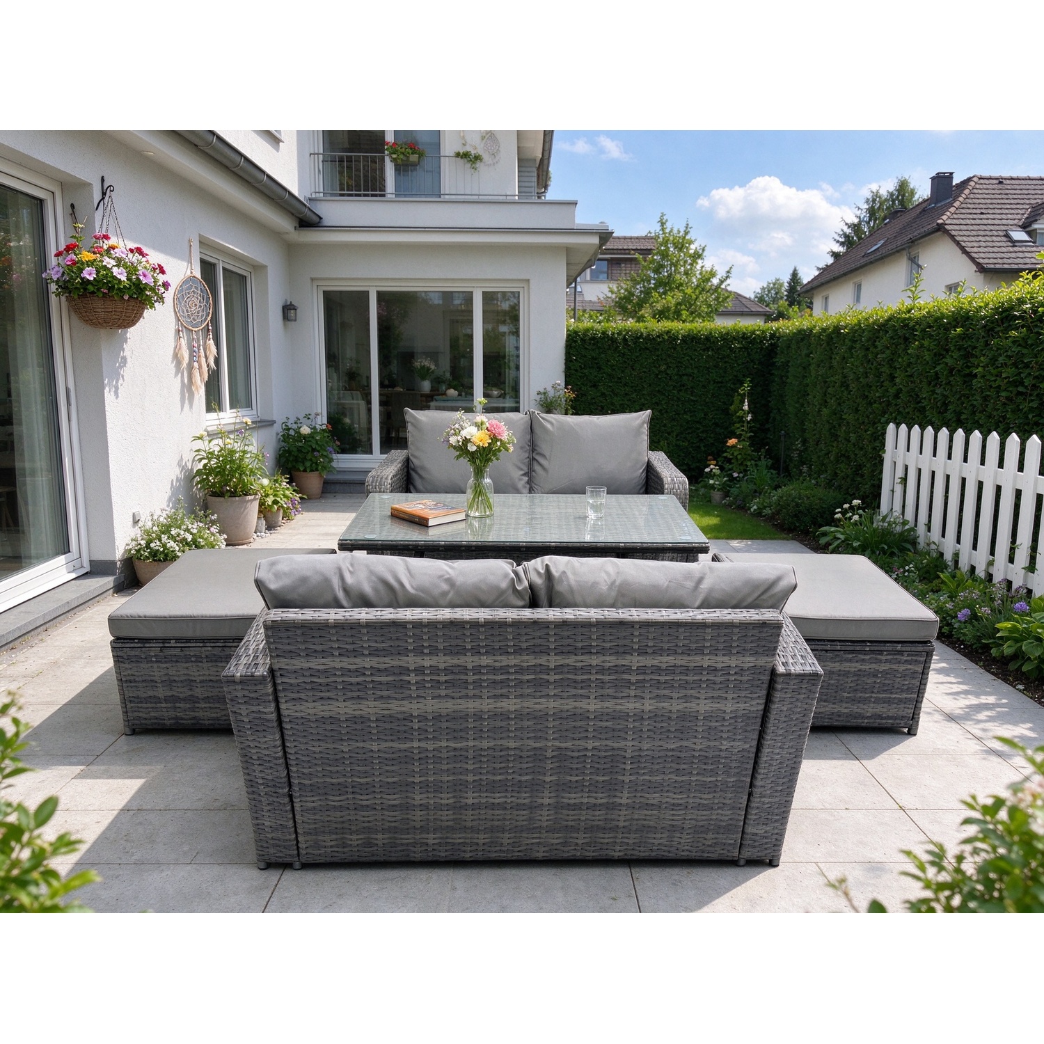 Rackhams Dark/Grey Outdoor Garden Furniture Sets 5 Pieces Wicker Rattan Furniture Sofa Sets With Rectangular Dining Table Love Sofa 2 Big Footstool - Image 2