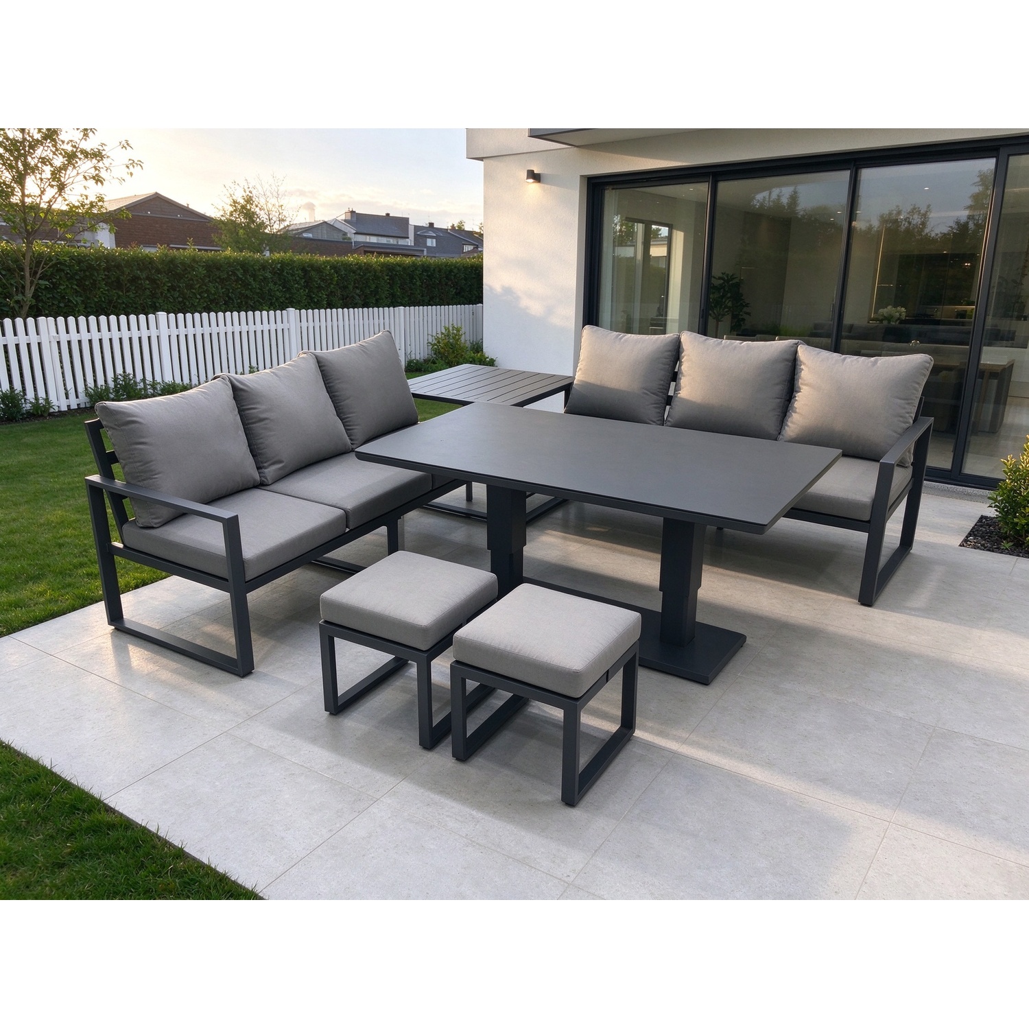 B&Q - 8 Seater Aluminium Outdoor Garden Furniture Set With Adjustable Rising Lifting Dining Table 3 Seater Sofa 2 Footstools - Image 2