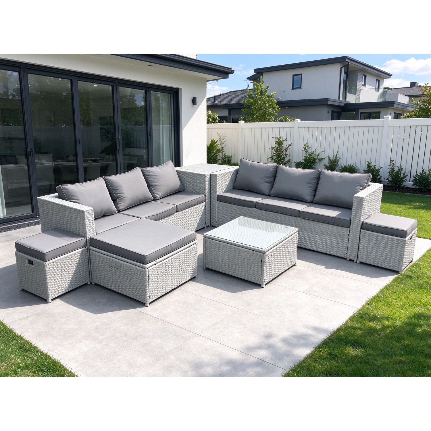 Fimous Unisex Light Grey Rattan Garden Outdoor Furniture Set Seater Rattan Garden Sofa Set With 3 Footstools Side Table Mixed Size 9 - Image 2